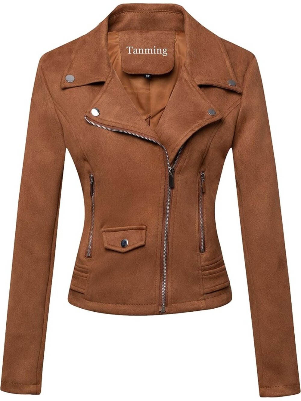 Women's Brown 1 Faux Leather Moto Biker Jacket Slim Fit Zip Up Casual Short Coat